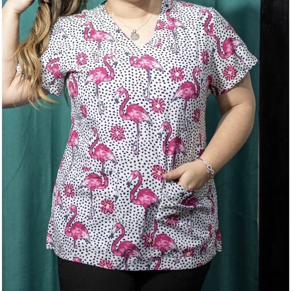Med Couture Scrub Top Women's Small Flamingo Print Short Sleeve 8564